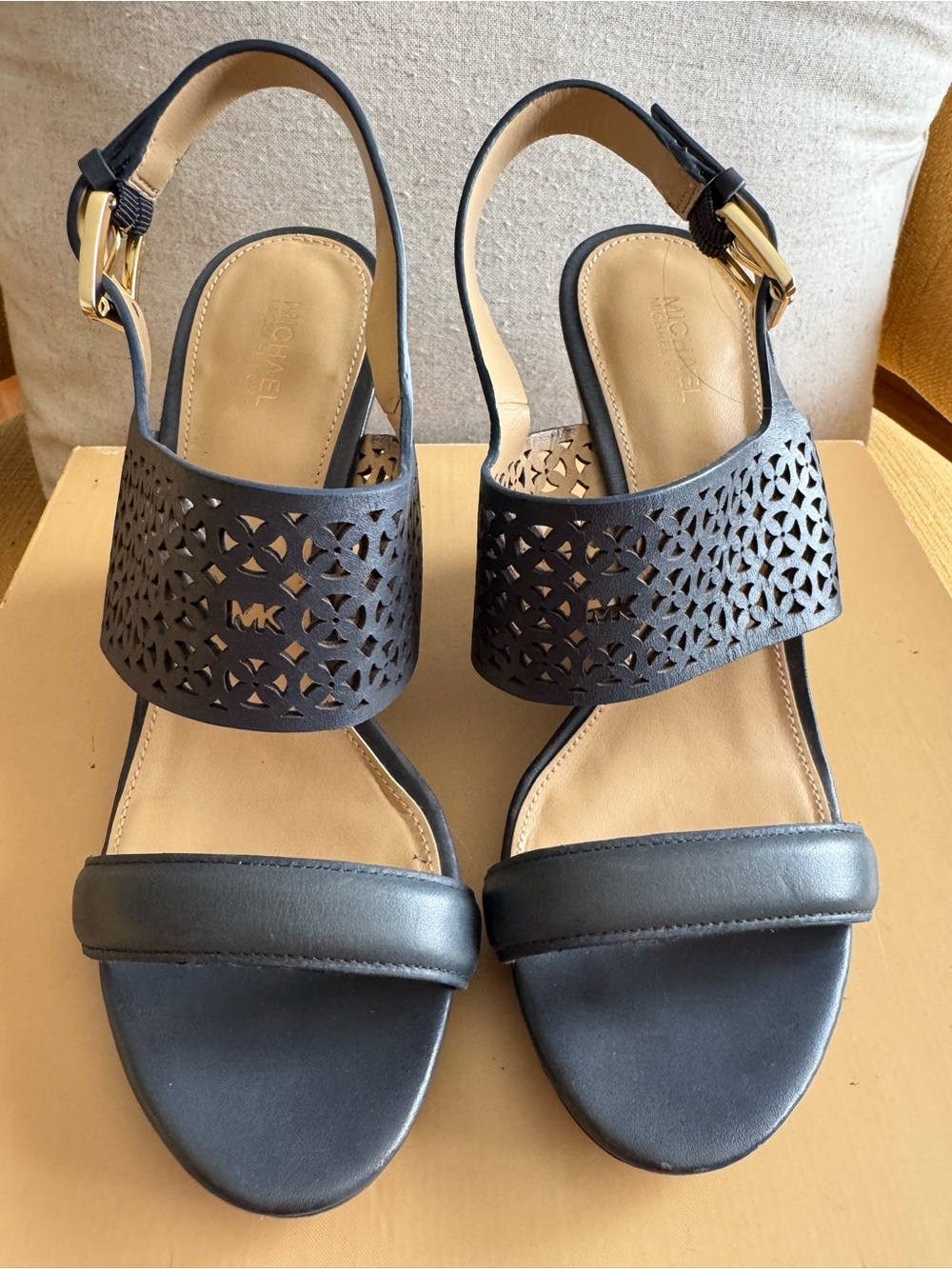 MICHAEL Michael Kors Darci Laser-Cut Wedge Sandals Black US 8
